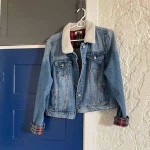 lei denim jacket, faux fur color and plaid accents